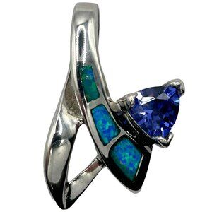 Vintage Tanzanite & Blue Fire Opal Inlay 925 Sterling Silver Ribbon Pendant